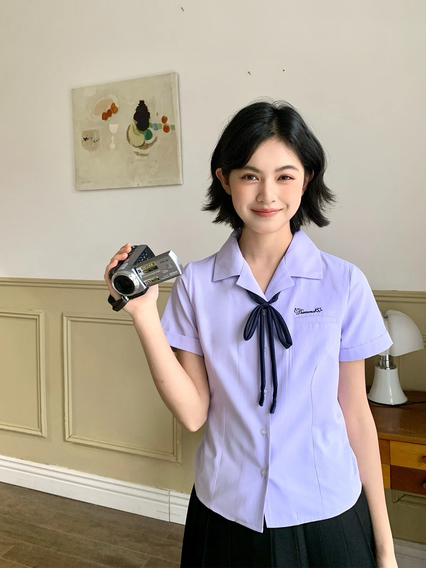 

Летняя женская рубашка в японском стиле JK с коротким рукавом и воротником-стойкой, фиолетовая, приталенная, из смесового полиэстера и хлопка