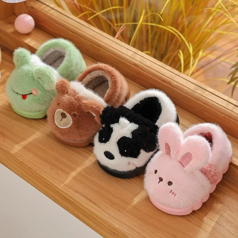 New Children's Cartoon Animals Heel Wrap Plush Slippers Soft Sole Non-slip Winter Warm Baby Boys Girls Indoor Home Cotton Shoes