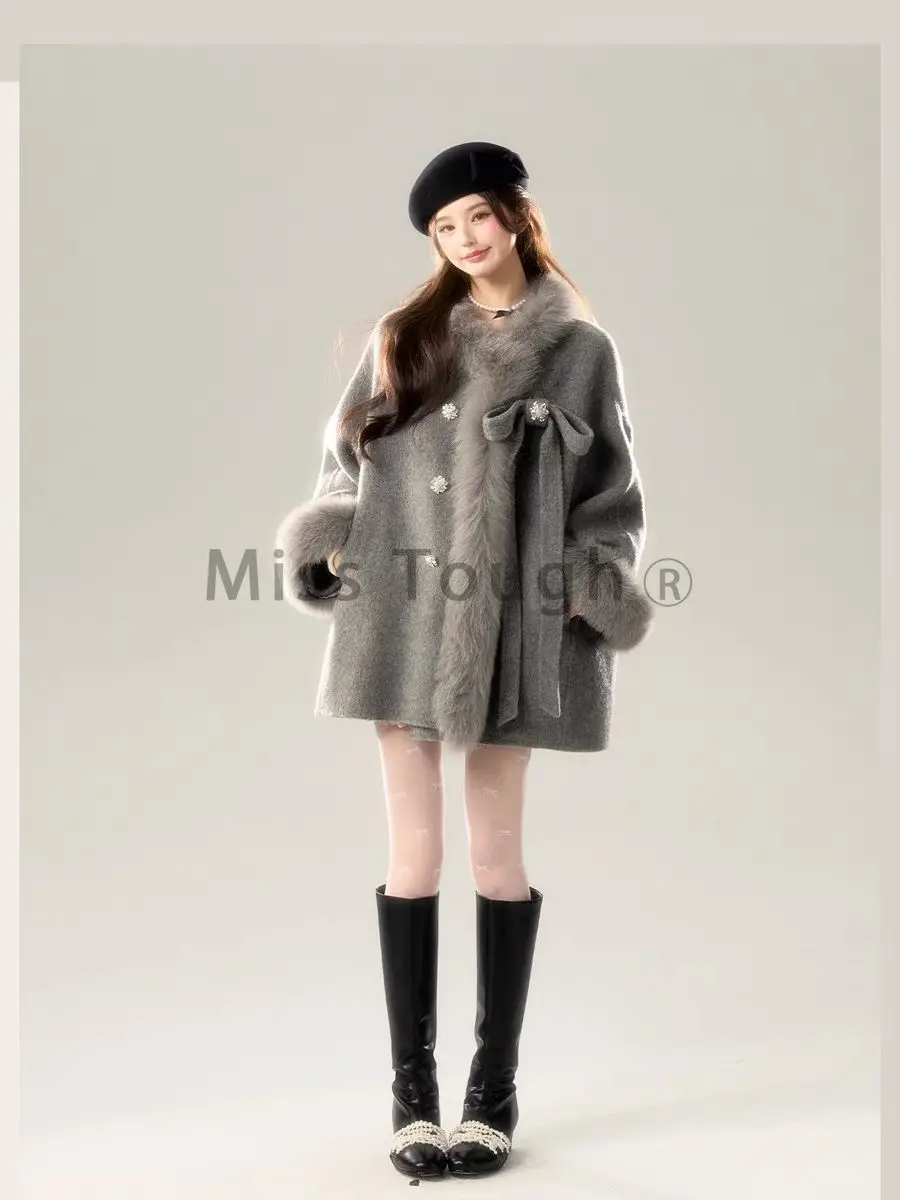 Winter Loose Button Vintage Gray Overcoat Women Korean Fashion Warm Hoodie Casual Outerwear New Design Chic Retro Wool Coat 2024