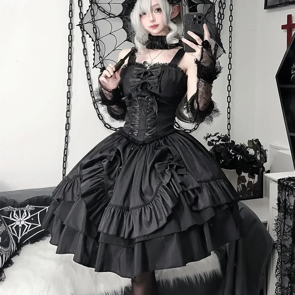 

2025 Gothic Vintage Lolita Jsk Dress Women Japan Harajuku Cosplay Costumes Victorian Bow Bandage Ruffles Princess Party Dress