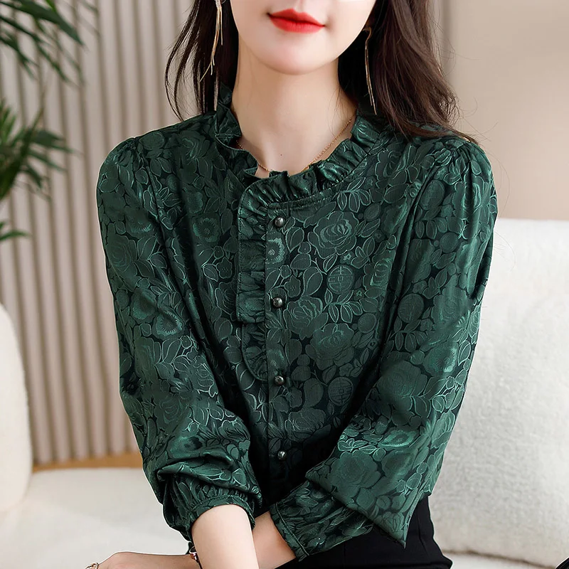 Women Clothes Lace Ruffles Vintage Purple Loose Fashion Shirt Female Top Spring New All-match Elegant Blouse