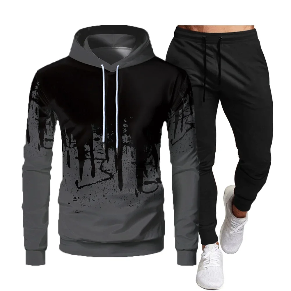 

2025 Spring and Autumn New Men Graffiti Ink Painting Printed Fashion Hoodie Set Outdoor Leisure Sports Jogging Two Piece Set