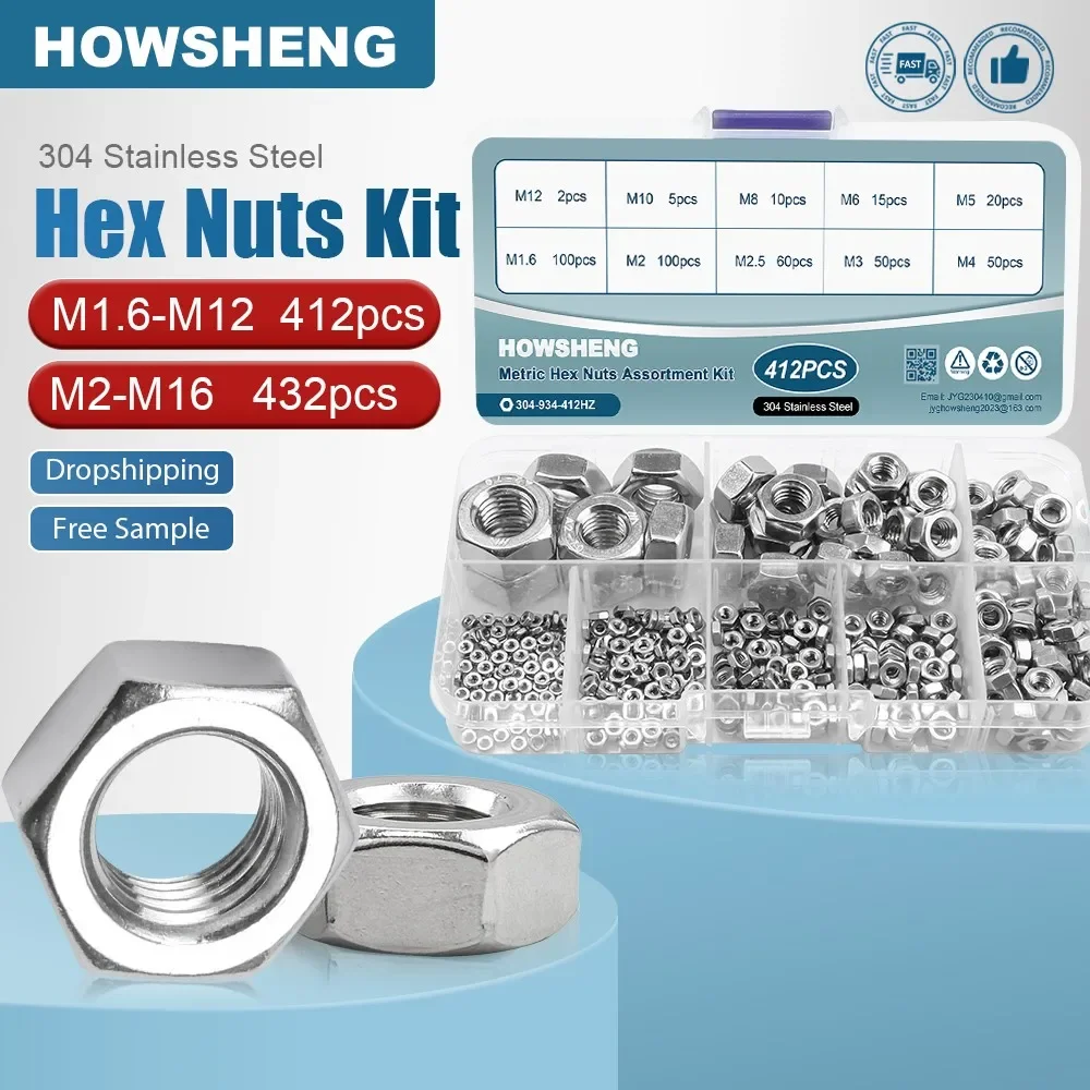 412/432pcs Hex Nuts Set Assortment Kit M2 M4 M6 M8 M10 M12 M14 304 Stainless Steel Hexagon Nut Set Assortment Kit DIN934