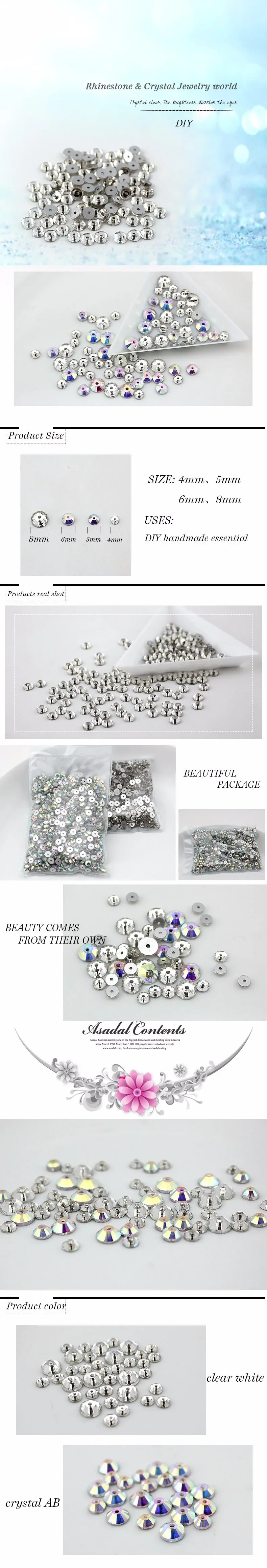 3mm-8mm runde Kristall AB/Klar Silberbasis Aufnäh-Strassperlen zum Aufnähen, Einzelloch, Hochzeitskleid-Accessoires – Detail 3
