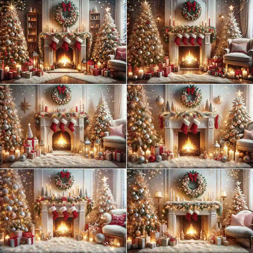 

MOON.QG Christmas Tree Fireplace Photography Backdrop Gold Light 2025 New Year Decoration Background Photo Studio Shooting Props