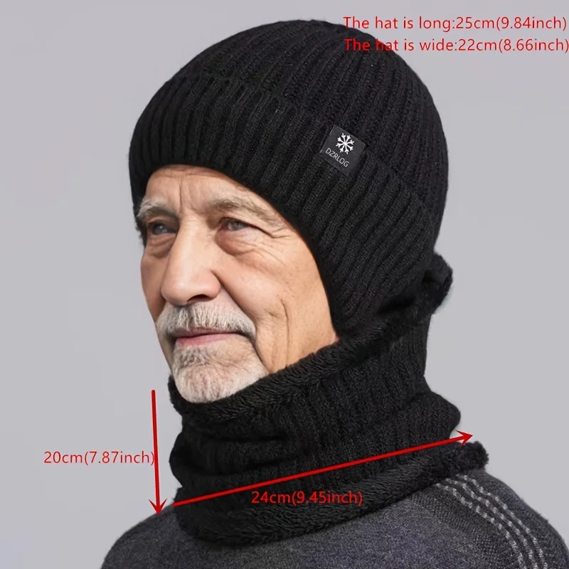 2pcs/set Middle-aged And Elderly Knitted Hat & Neck Gaiter Plus Velvet Thickened Ear Protection Woolen Hat For Autumn And Winter