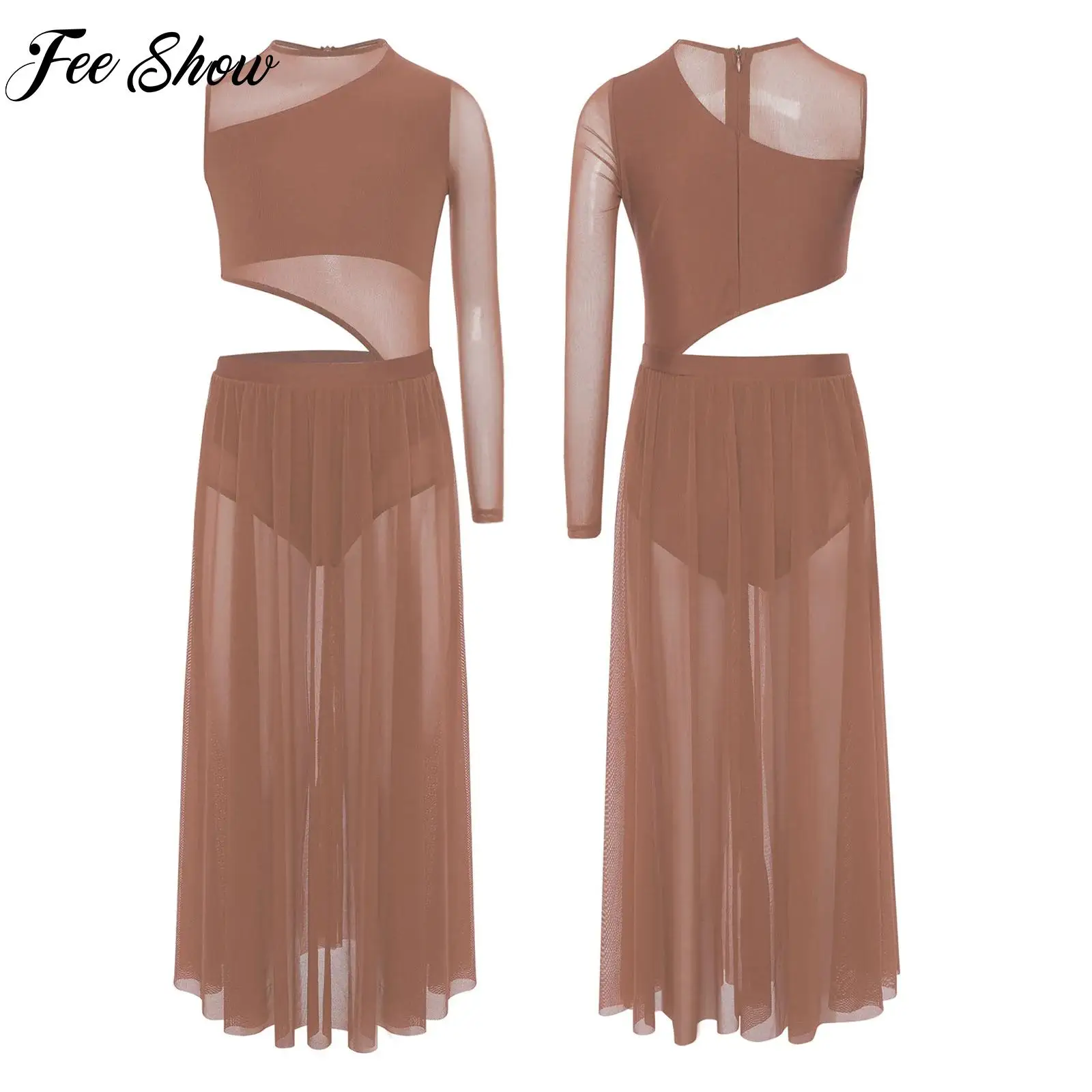 

New Kid Girl Modern Lyrical Dance Costume Cutout Patchwork Sides Split Sheer Mesh Asymmetrical Dress Ballerina Skating Dancewear