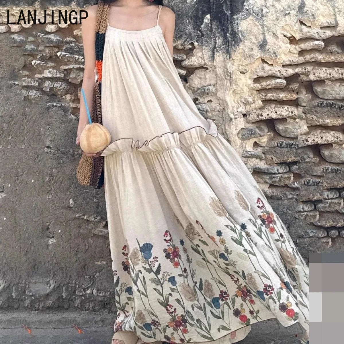 

pleated design flower print dopamine suspender long dress dress 2025 summer new ethnic style clothing dress