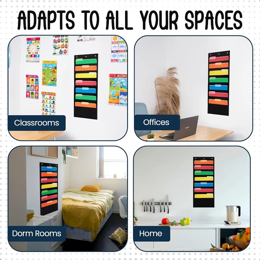 7 Pocket File Pocket Chart Black Tall Versatile Wall Hanging File Folder Organizer for Classroom Office Home and More Wall Fold