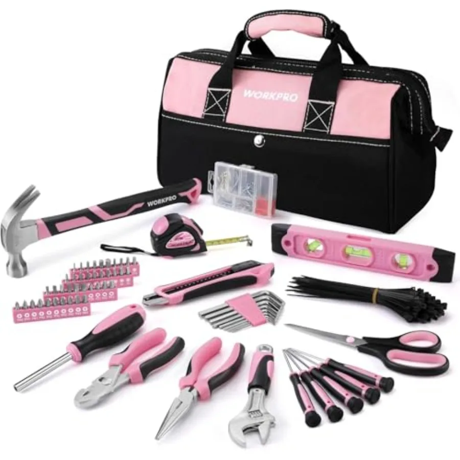 

Набор инструментов Pink Tool Kit из 263 предметов для домашнего ремонта с сумкой для хранения с широким отверстием, набор бытовых инструментов - с розовой лентой
