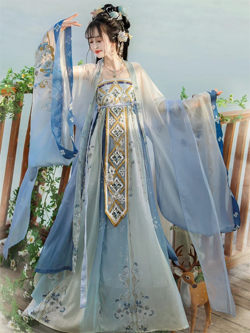 Traditional Women Chinese Style Tang Dynasty Embroidery Hanfu Dress Elegant Ancient Lady Vintage Stage Dance Costume Party Dress