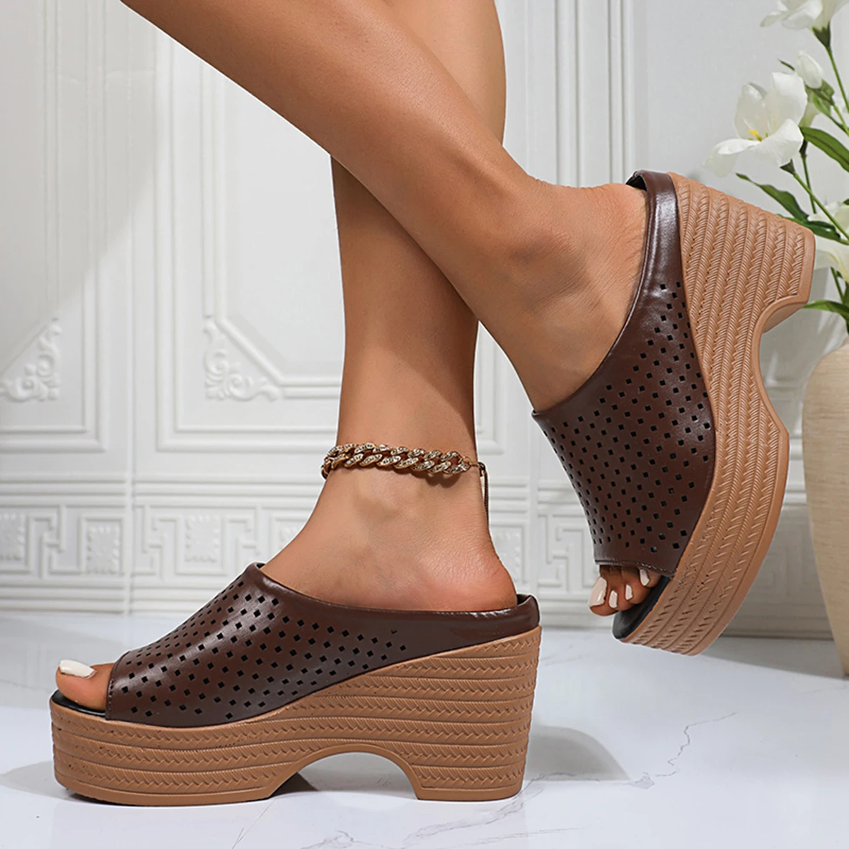 شباشب نسائية موضة منصة إسفين كعب الصنادل الصيف الجوف خارج شبكة النعال في الهواء الطلق صندل شاطئ عادية Sandalias Mujer #6