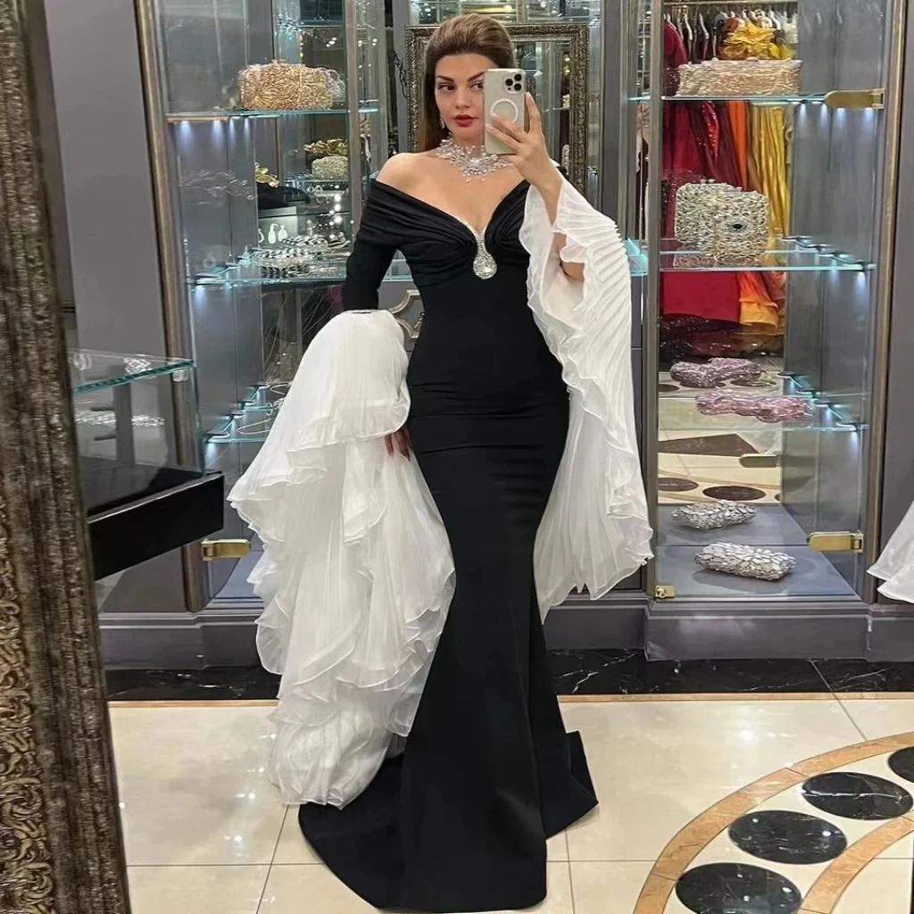 Jirocum Sparkling V Neck Prom Dress Women's Crystal Mermaid Party Evening Gown Floor Length Ruffled Long Sleeve Formal Occasion