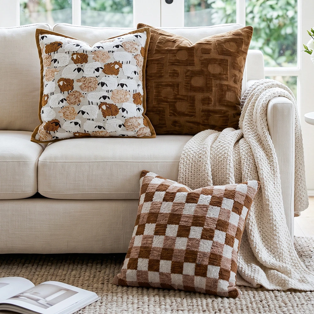 Caramel Style Sofa Throw Pillow Cover Cojines Pure Color Plaid Jacquard Decorative Bedside Cushion Covers Headboard Pillowcases