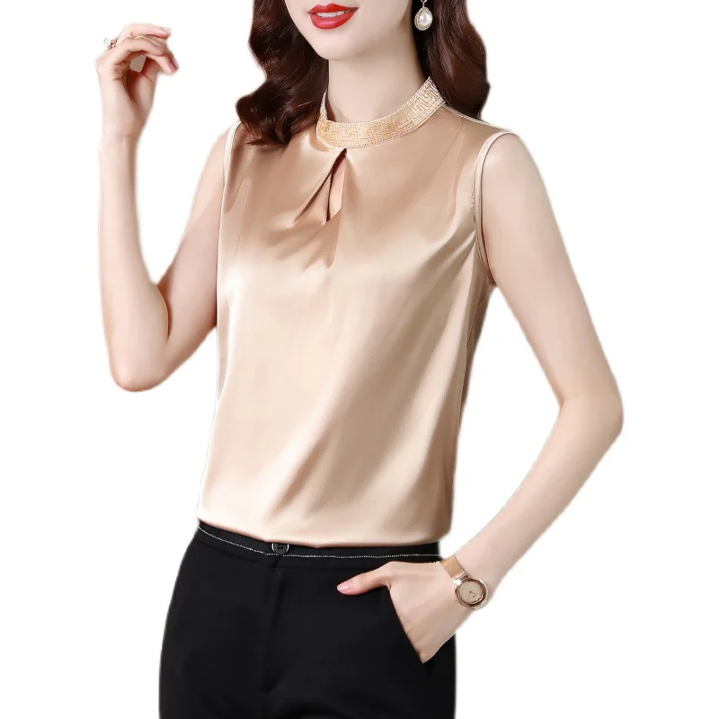 Women Clothing Sleeveless Solid Chiffon Blouse Summer Casual Elegant Fashion Pullovers Office Lady Loose O-neck Chic Thin Tops