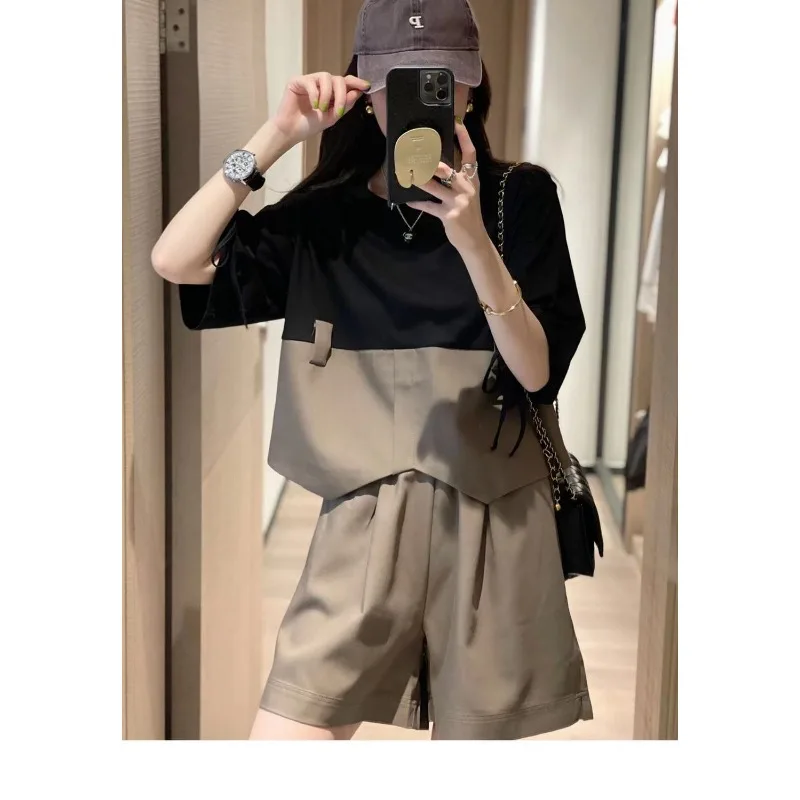 American Color Matching Fashion Age-reducing Two-piece Women's Loose Slimming Short-sleeved Shorts Suit