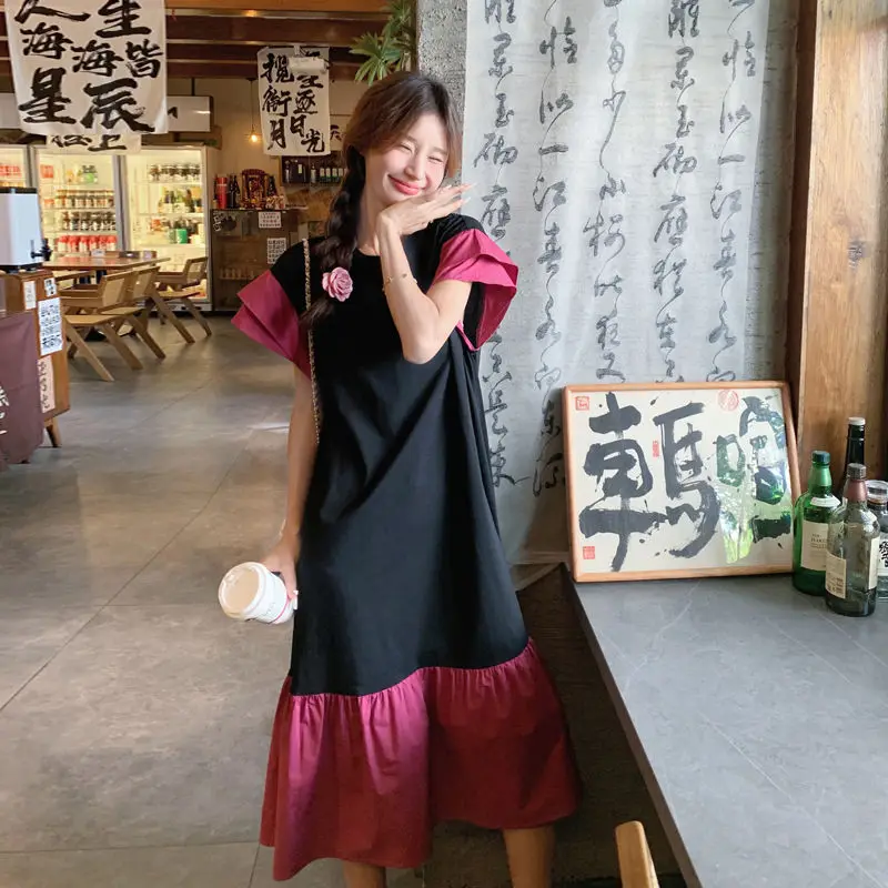 Robes Patchwork surdimensionnées femme décontracté coréen Patchwork t-shirt robe été tempérament ample plissé à manches courtes robe longue