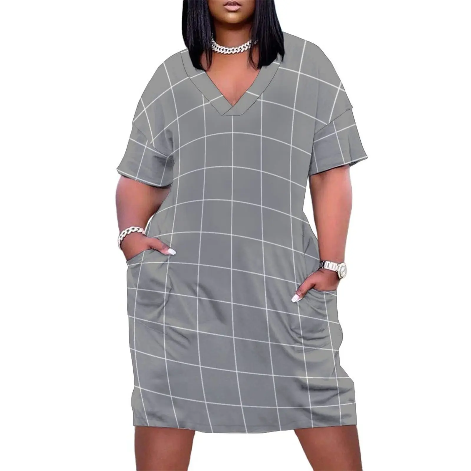 Windowpane Check Grid (white/gray) Loose Pocket Dress dresses for prom clothing women summer 2024