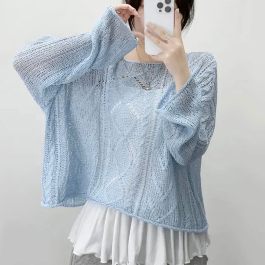 시크한 봄 니트 여성용 자외선 차단 얇은 오버코트 어깨 노출 트위스트 헤드 오버 풋웨어 패셔너블