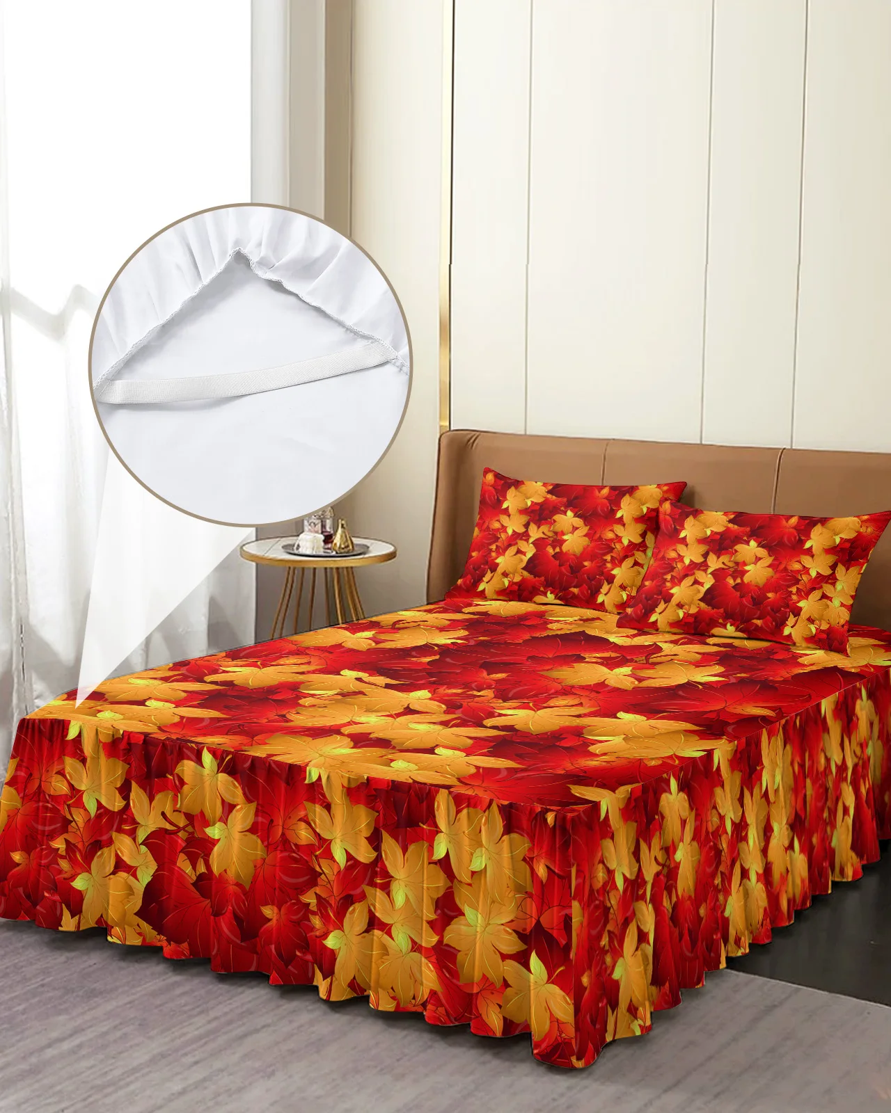 

Autumn Maple Texture Bed Skirt Elastic Fitted Bedspread With Pillowcases Bed Protector Mattress Cover Bedding Set Bed Sheet