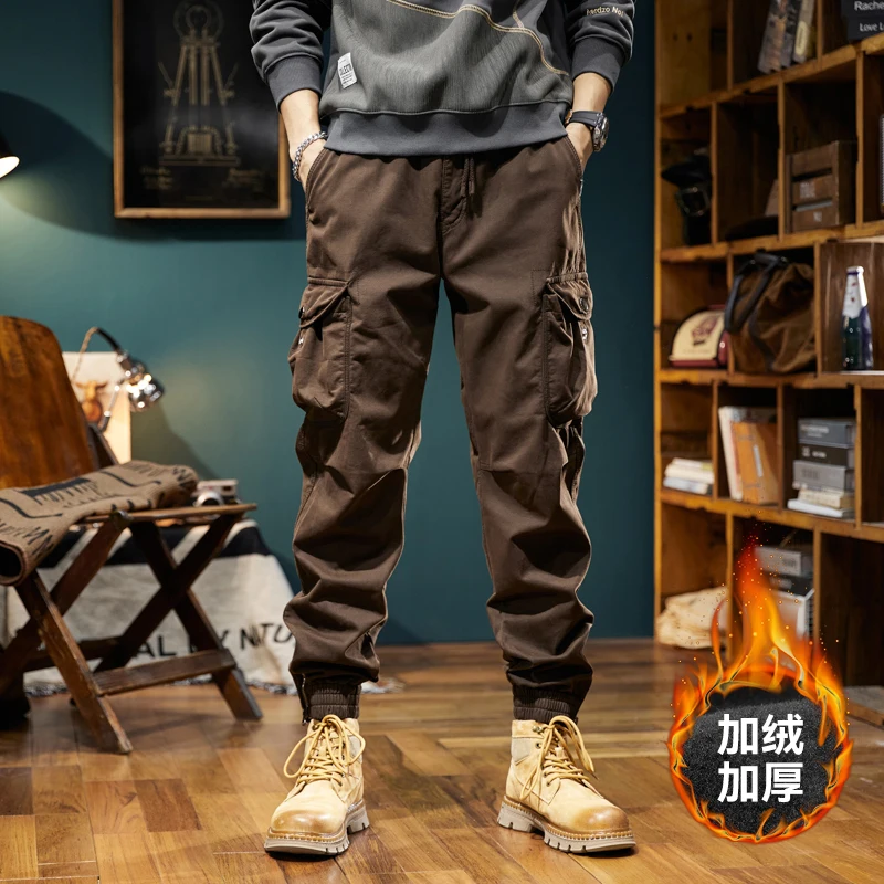 

Мужская рабочая одежда в американском стиле, повседневные брюки с утолщенными манжетами на флисовой подкладке, модная мужская одежда, свободные брюки для отдыха