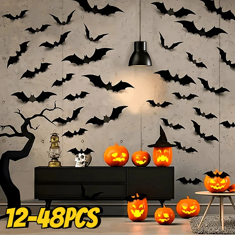 3D Schwarze Fledermaus-Wandaufkleber Halloween Grusel-Requisiten für Wand, Fenster, Tür DIY Party-Zubehör Gruselige Heim-Bar-Raumdekoration