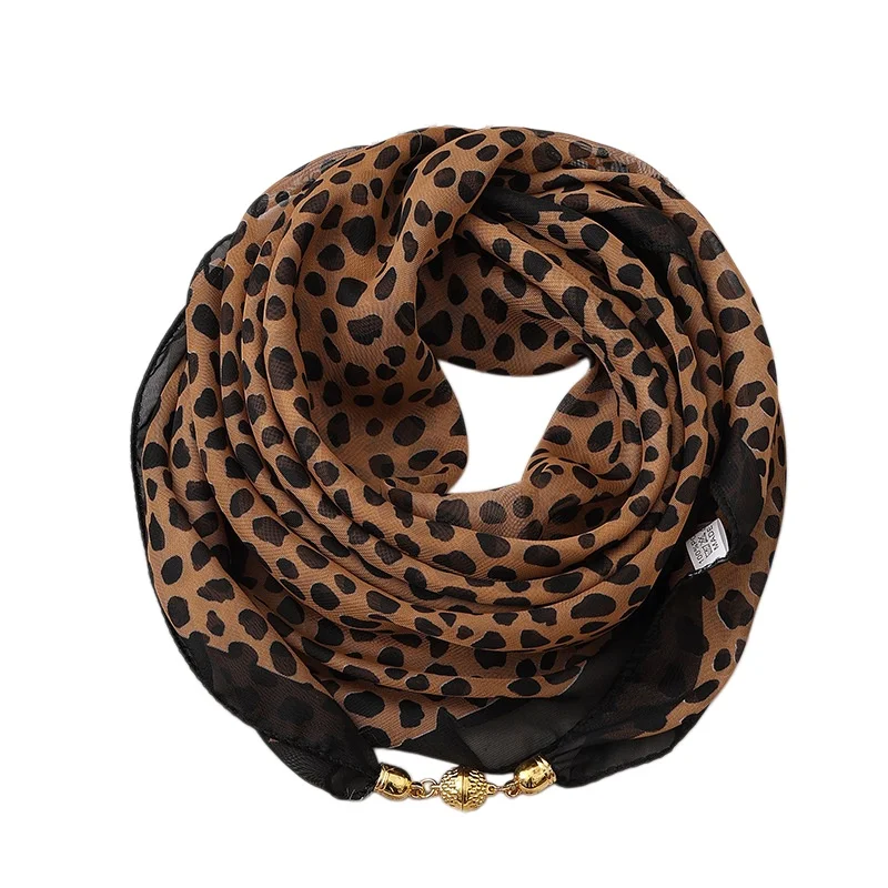 Leopard Print Magnetic Buckle Scarf for Women Versatile Square Thin Silk Scarf Angled Decoration Scarf Quick Easy Wear 63CM image 6