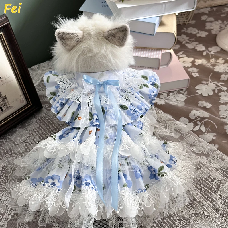 

Spring New Simple Fashion Flower Print Sky Blue Cotton Dog Dresses for Small Medium Dogs, Chihuahua Puppy and Toy Breeds Apparel