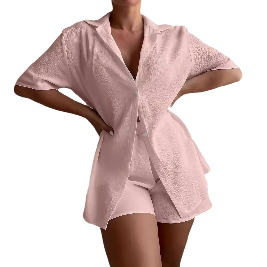 2025 verão tk europa, américa e comércio exterior amazon nova camisa de cor sólida shorts soltos casuais conjunto de duas peças atacado