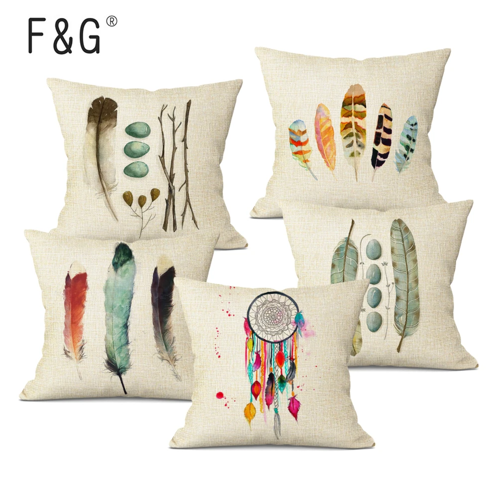 

High Quality Watercolor Feather Cushion Cover Linen Throw Pillowcase Car Sofa Bed Home Decor Customized Pillow Case