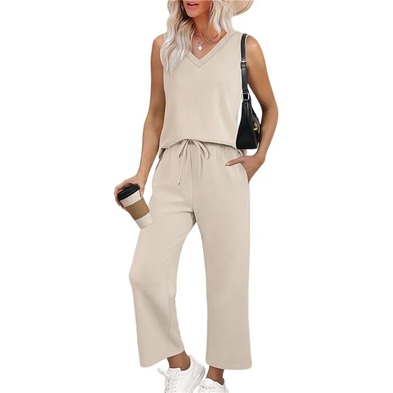 

ASDS-Two Piece Sets For Women Summer Outfits Lounge Sets Mock Neck Tops Wide Leg Crop Pants
