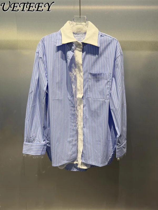 

French Fake Two-piece Lace Stitching Blue Striped Shirt Female Sexy Contrasting Color Design Blouse Long-sleeved Top