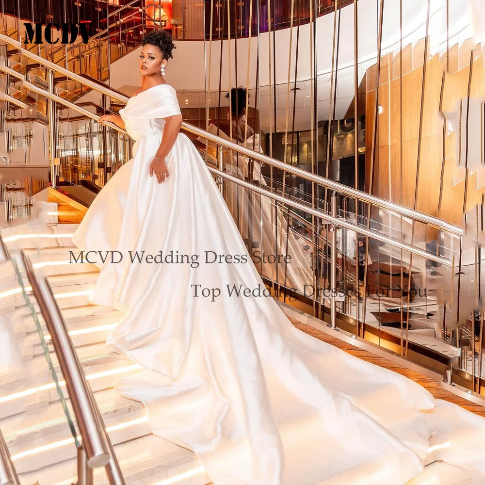 

MCDV 2025 Satin Wedding Dress Robe De Mariee Off Shoulder A-Line Sweep Train A Line Simple Bridal Gown Bride Dresses Customized