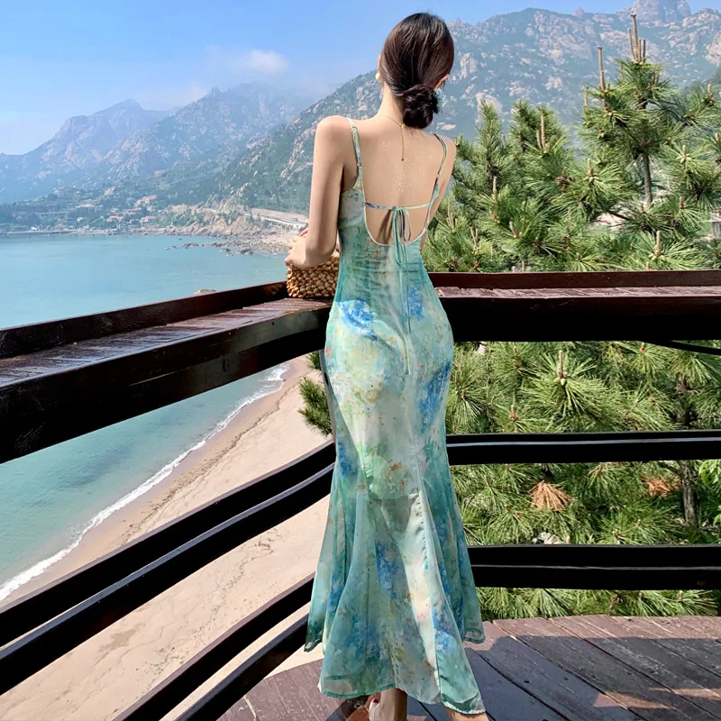 

Dresses Mint Mambo Seaside Holiday Chiffon Dress Women's French Smudge Neck Sleeveless Fish Tail Skirt Suspender Skirt