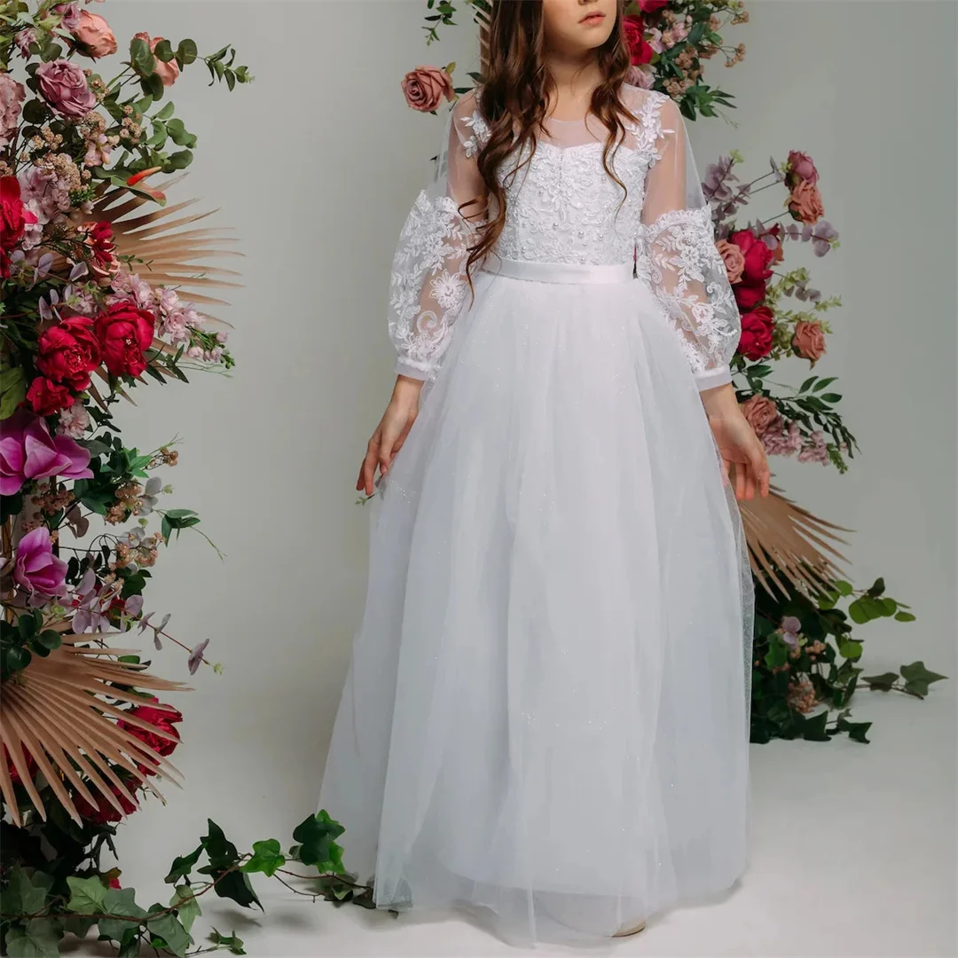 Sequins Lace Tulle Flower Girl Dress For Wedding Puffy Long Sleeve Kids Birthday Party Dress First Communion Ball Gown New