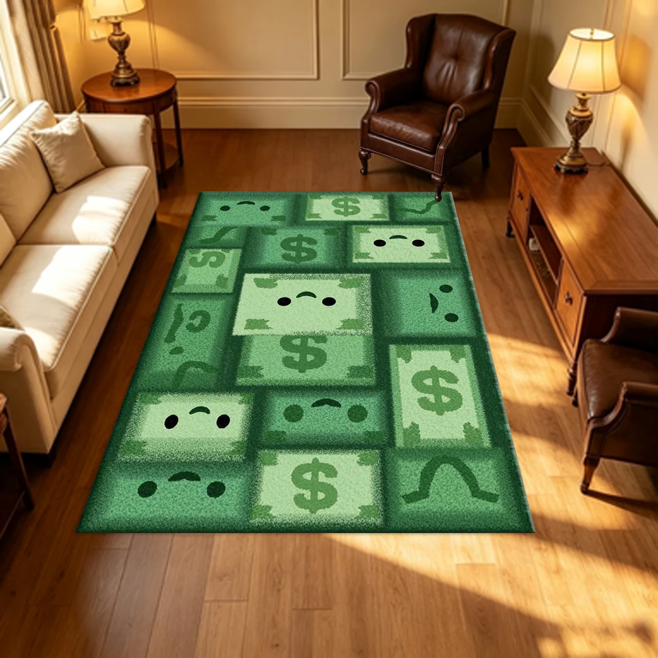 Cute Cartoon Dollar Bill Emoji Pattern Carpet Flooring Green Money Themed Creative Art Household Indoor Decor Area Rug