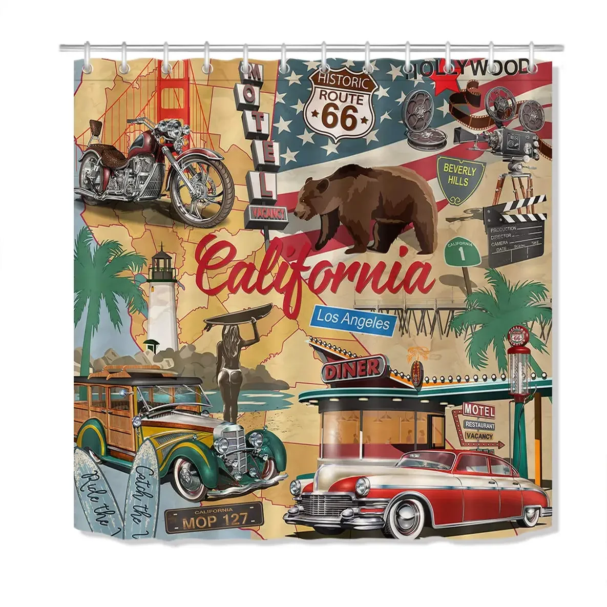 Vintage American Shower Curtain Route 66 Decor with California Historic Bear Shower Curtain