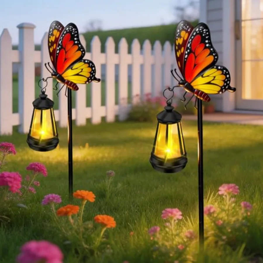 

Solar Garden Decor Lights Outdoor Waterproof, Metal Butterfly Stakes with Solar Lanterns, Decorative Yard Art for Outside Patio