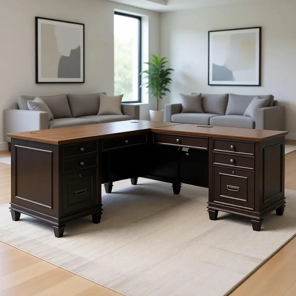 L-Shaped Wooden Desk with 8 Drawers (2 Drop-Front, 4 Utility, 2 Locking), 2 Grommets, Brown Finish