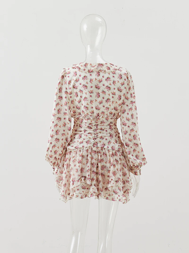 2025 Spring And Autumn Women's Floral Print Dress Ruffled Waist V-Neck Long Sleeve Dresses French Holiday Party Mini Dress