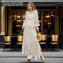 GALCAUR Knitted Two Piece Set For Women O Neck Long Sleeve Hollow Hook Flower Top High Waist Pleated Maxi Skirt Female Suit New