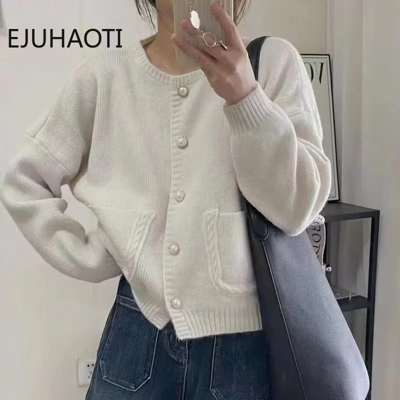 2024 New Korean Style Small Fragrant Sweater Coat Tops Women's Sweet Single Breasted Short Crewneck Knitted Pink White Cardigan