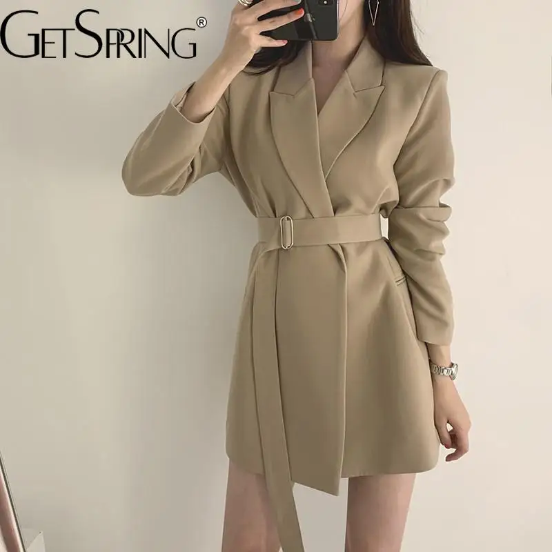 GetSpring Women Blazer 2025 Spring Lace Up Slim Fit Solid Long Sleeve Ladies White Black Blazer Coat Women's Slim Suit Jacket