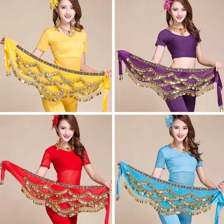 Costume de danse du ventre pour femmes, écharpe de hanche, accessoires, ceinture, jupe, pièces de monnaie, écharpe en soie, chaîne de taille, vêtements de danse en cristal pour adultes