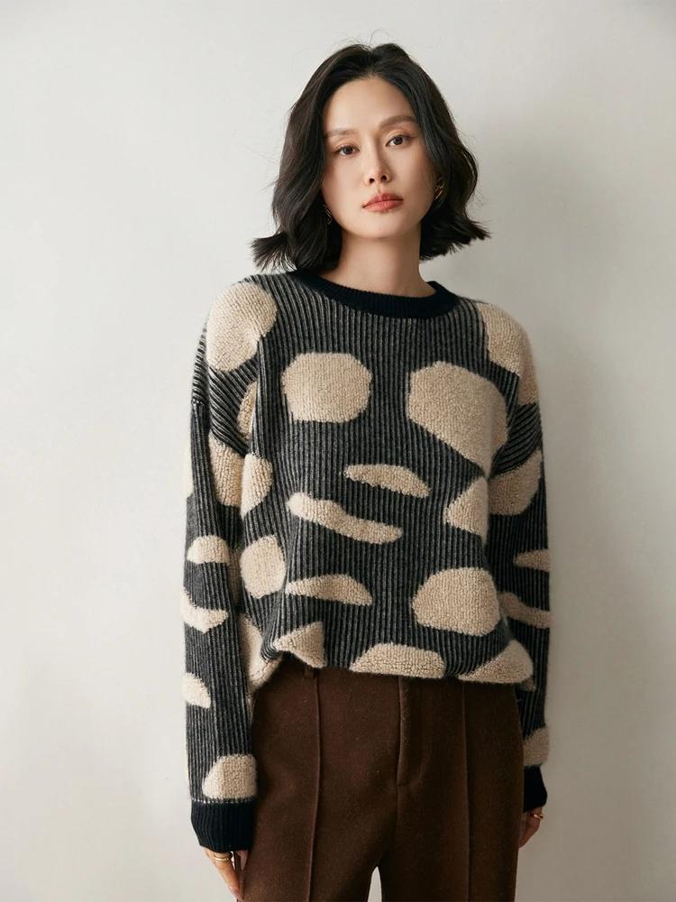 

100% Cashmere Pullover Sweater Autumn Winter clothes woman O-neck Clashing Color Dot Casual Loose Soft Comfort Kint Long Sleeve