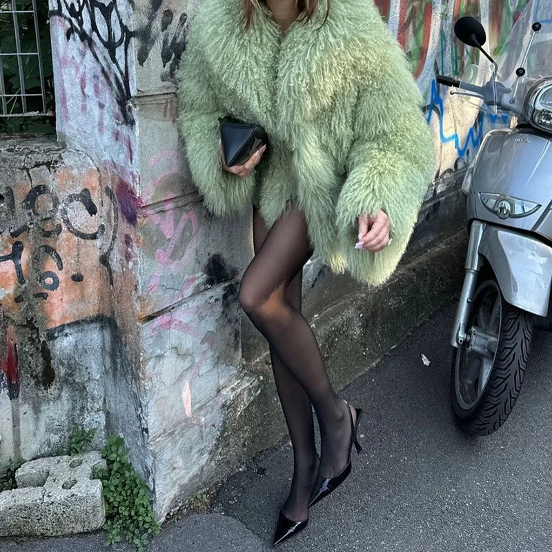 Elegant Faux Fur Furry Jacket For Women Long Sleeve Lapel Loose Coat Fashion Thick Coat 2024 Autumn New Lady Furry Outerwear