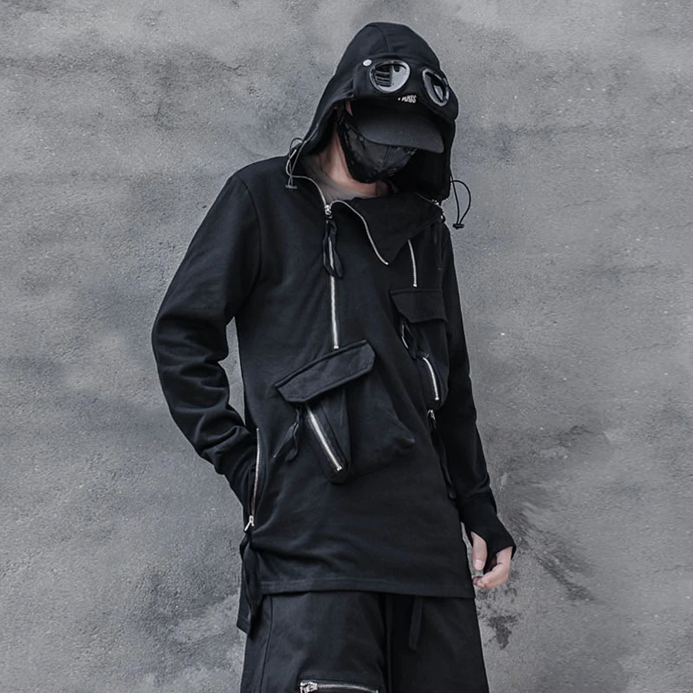 AOGZ Techwear Hooded Pullover Harajuku Zipper Hoodies Sweatshirts with Removable Sunglasses Spring Mens Clothing Punk Streetwear