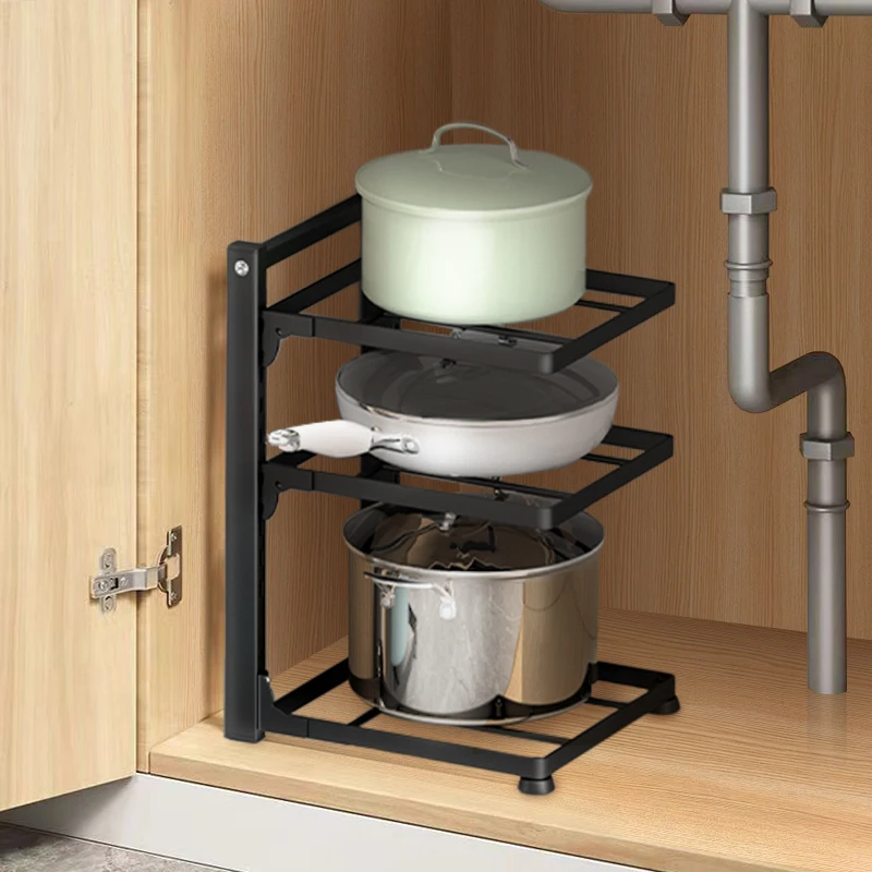 

Kitchen Sink Shelf Multi-layer Pot Rack Under Cabinet Storage Organizer Rack Multi-functional Frying Pan Rice Cooker Holder