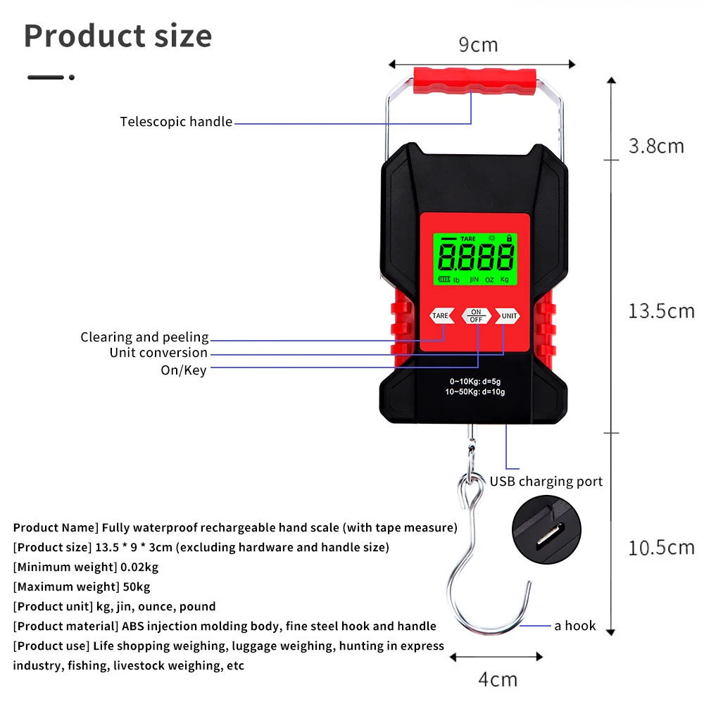 50kg/5g przenośna waga z hakiem do zawieszania waga elektroniczna z podświetleniem wodoodporna waga rybna z 150cm wysuwana taśma miernicza