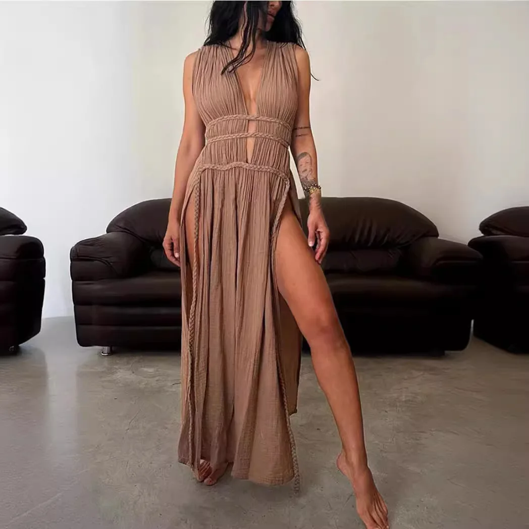 Women Sexy Dresses 2024 Sleeveless Slim Lace UP Hollow Out Midi Long Dress Women Sexy Split Side Solid Streetwear Dresses